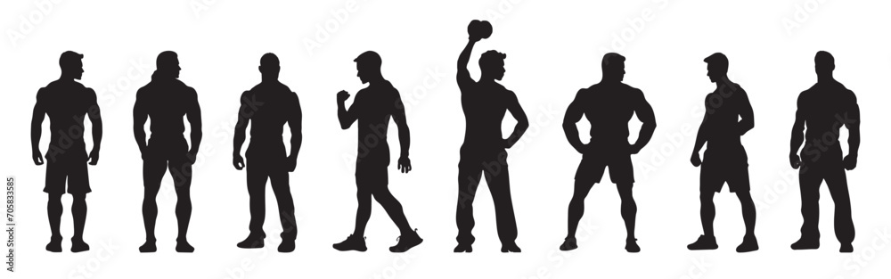 Male bodybuilder standing poses silhouette. physical workout vector isolated on a white background.