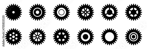 Collection of mechanical cogwheels. Gears icon set. Setting gears icon. Vector illustration with black silhouettes sprocket icons or signs design element. White background.