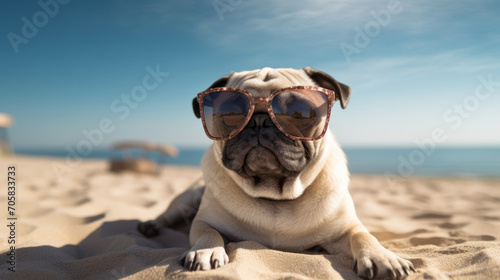 Pug resting on the beach