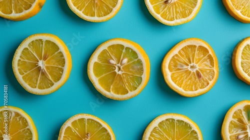 Fruit pattern. Colorful of fresh lemon texture slices on blue background. From top view.