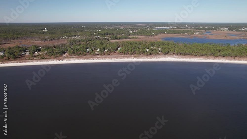 Drone shot and aerial view above water at Florida ocean and sea beach at coastline along the Gulf of Mexico south of Tallahassee in the deep south of the United States during winter photo