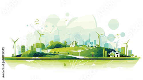innovation and technology behind green energy in a vector scene featuring individuals working on cutting-edge renewable energy projects, from designing wind farms to installing solar arrays. 