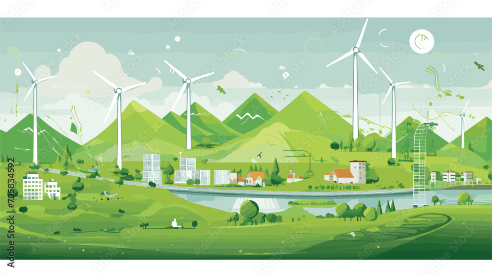 economic benefits of green energy in a vector art piece showcasing scenes of job creation, economic growth, and innovative industries emerging from the green energy sector. 