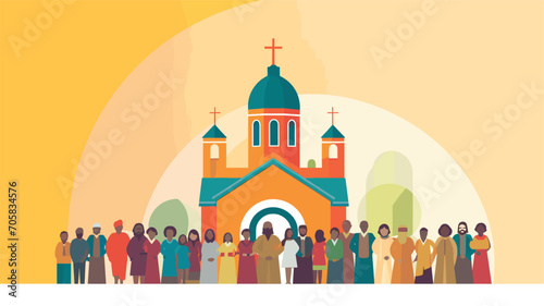 diversity and inclusivity of temple congregations in a vector scene featuring individuals of different backgrounds, ages, and ethnicities coming together for worship. 
