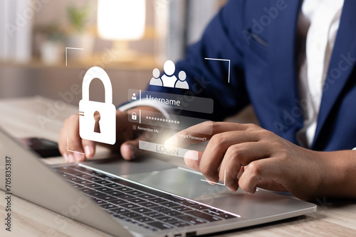 Cyber security concept, User enters password to login to privacy and protect personal data, Secure technology, Secure access to internet information, Business and person confidentiality. photo