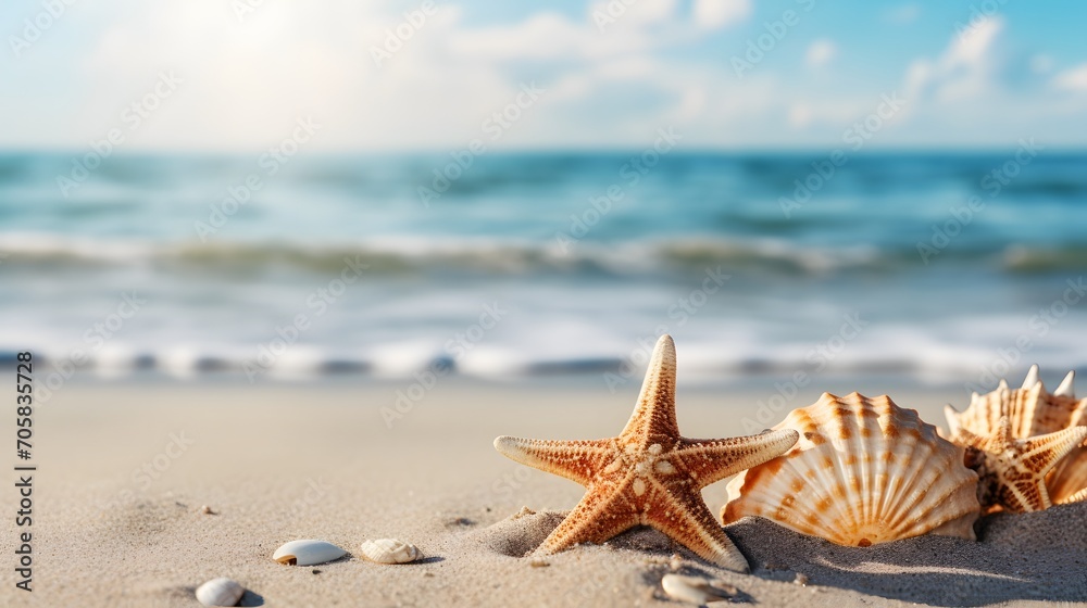 Sun, sea, starfish and shells on a.beach