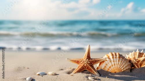 Sun  sea  starfish and shells on a.beach