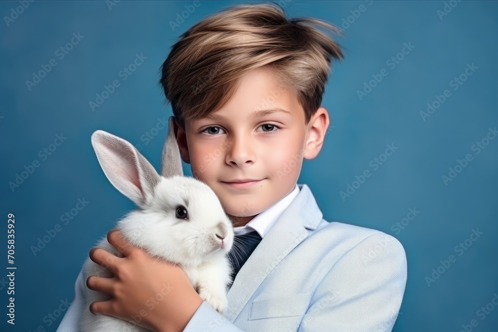 boy holds a rabbit in his arms. photo on a simple background. banner with empty space for text boy holds a rabbit in his arms. photo on a simple background. banner with empty space for text