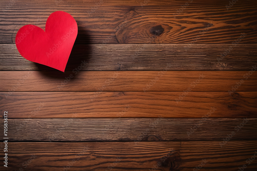 Oak wood background, a red heart-shaped paper. Valentines day concept. Generative AI Oak wood background, a red heart-shaped paper. Valentines day concept. Generative AI