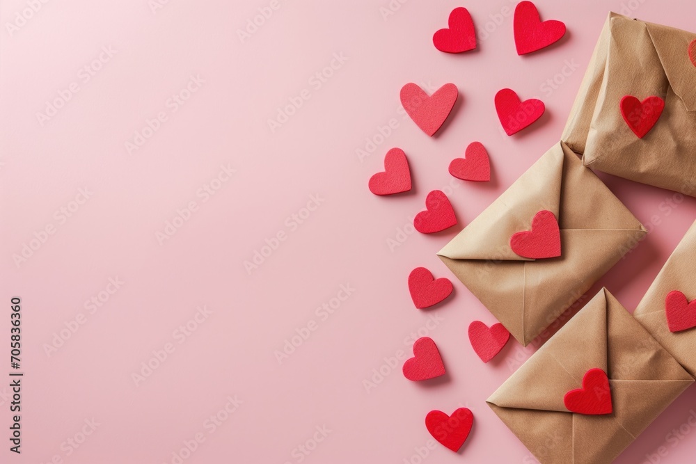a love letter and red heart-shaped papers. Send or write a love letter on Valentine's Day. on a pink pastel background with copy space.