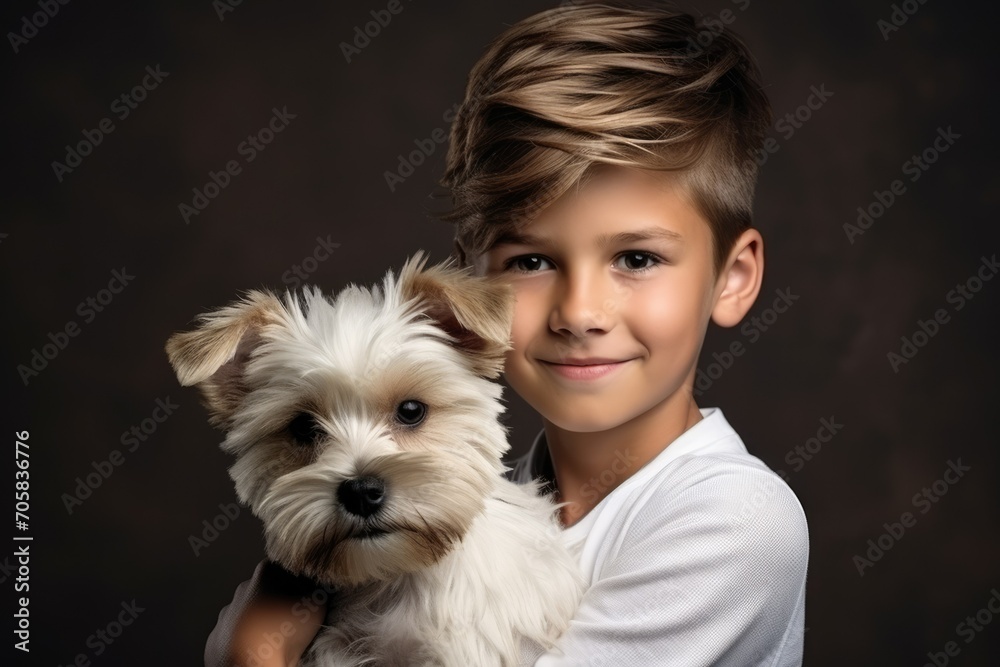 A boy with a dog. Child with Cute puppy. Portrait. Studio. Blue background. A boy with a dog. Child with Cute puppy. Portrait. Studio. Blue background.