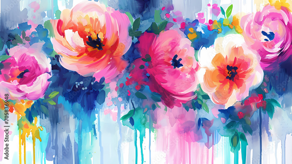 Vibrant watercolor florals with loose brush strokes and dripping paint details - obrazy, fototapety, plakaty 