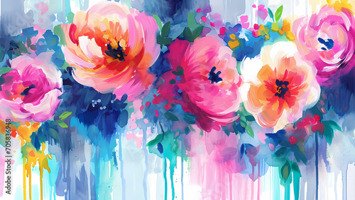 Vibrant watercolor florals with loose brush strokes and dripping paint details photo