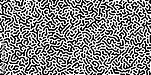 Fototapeta Naklejka Na Ścianę i Meble -  Abstract Turing organic wallpaper with background. Turing reaction diffusion monochrome seamless pattern with chaotic motion. Natural seamless line pattern. Linear design with biological shapes.