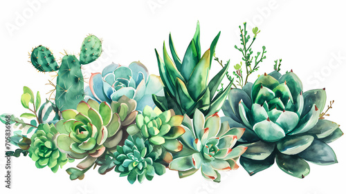 Watercolor botanical illustrations of succulents and cacti, with vibrant green hues