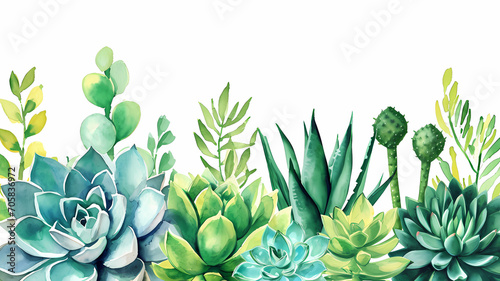 Watercolor botanical illustrations of succulents and cacti, with vibrant green hues photo