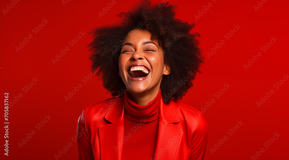 Jeune femme noire, heureuse, souriante, arrière-plan rouge Jeune femme noire, heureuse, souriante, arrière-plan rouge
