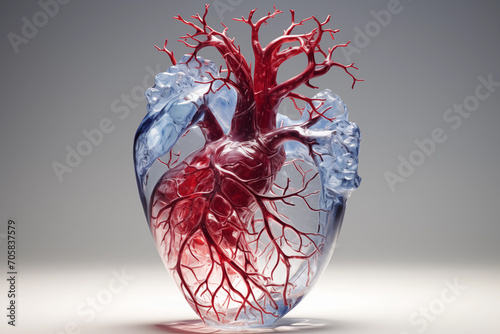 Ice melting human heart with red veins 3D model isolated on gray background. Cardiology, healthcare and medicine concept