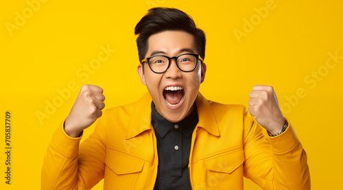 Homme asiatique, jeune, heureux, les poings serrés, portant des lunettes, arrière-plan jaune