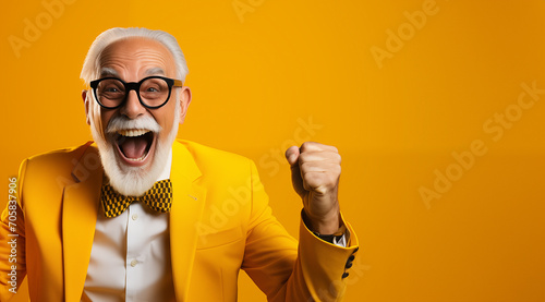 Homme senior heureux, le poing serré avec barbe et lunettes, arrière-plan orange, image avec espace pour texte photo