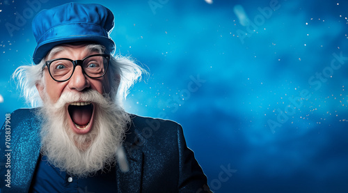 Homme senior, souriant, heureux avec barbe, lunettes et casquette, arrière-plan bleu, image avec espace pour texte photo