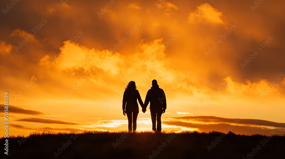 Couple Celebrating Valentine's Day Embracing Under the Golden Sunset