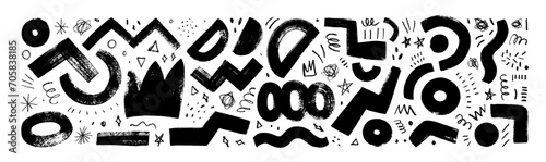 Childish Memphis style geometric brush strokes and charcoal doodles collection for collages and graphic design.