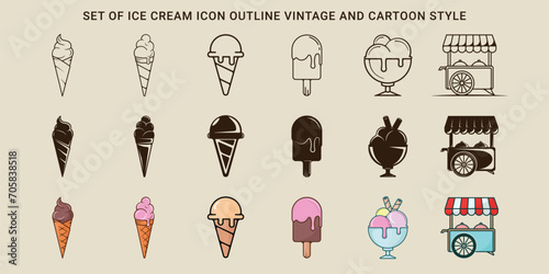 set of ice cream icon vector illustration template graphic design. bundle collection of various gelato or food frozen line art vintage and cartoon concept for business shop cafe or restaurant photo