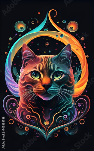 Beautiful and fantastically designed silhouette of colorful cat due to gravitational waves