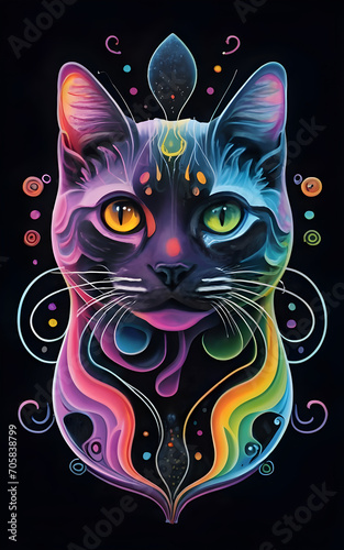 Beautiful and fantastically designed silhouette of colorful cat due to gravitational waves