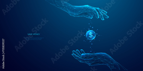 Save money concept. 3D woman hands holding one flight dollar coin. Finance vector illustration on technology blue background. Cashback and finance metaphor. Low poly wireframe. Banking and economy.