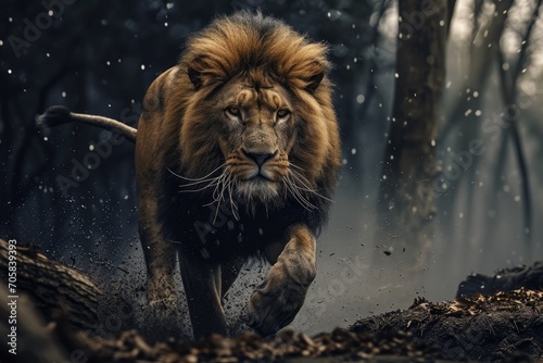 King of the Jungle. Witness the intense action of a wild lion in the jungle, showcasing its fearsome and majestic presence as the undisputed king of the savanna