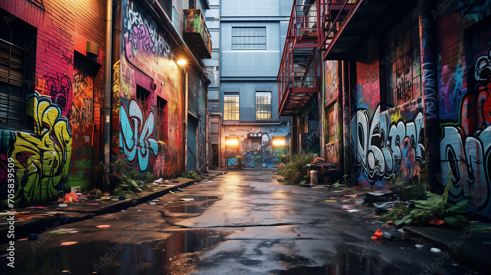 Naklejka premium A high-quality photograph revealing a gritty, urban alleyway, transformed into a canvas for colorful street art and graffiti, reflecting the dynamic and rebellious nature of the urban landscape