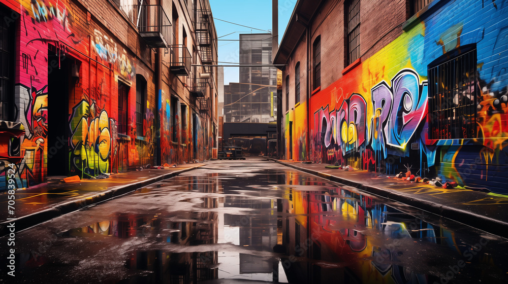 Fototapeta premium A high-quality photograph revealing a gritty, urban alleyway, transformed into a canvas for colorful street art and graffiti, reflecting the dynamic and rebellious nature of the urban landscape