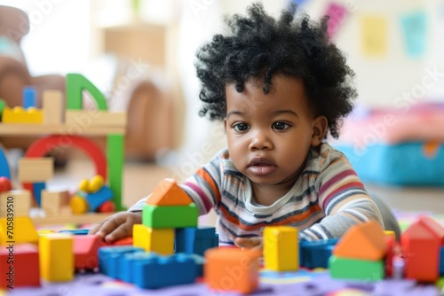 African American Toddler Playing With Colorful Wooden Block Toys photo