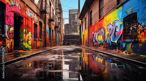 A high-quality photograph revealing a gritty, urban alleyway, transformed into a canvas for colorful street art and graffiti, reflecting the dynamic and rebellious nature of the urban landscape