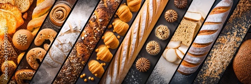 Assorted bakery products collage divided by white vertical lines, featuring bright white style photo
