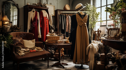 A high-quality photograph of a vintage boutique, brimming with carefully curated clothing and accessories from past eras, inviting you to step into a world of vintage elegance and style