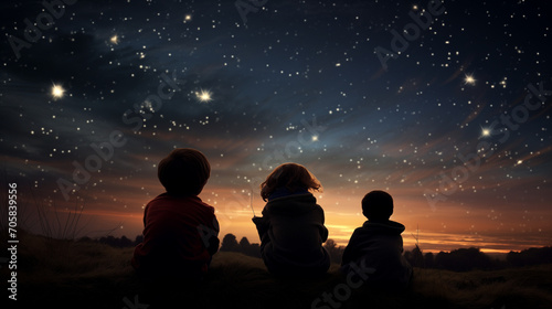 A stunning photograph of children  silhouetted against the velvety night sky