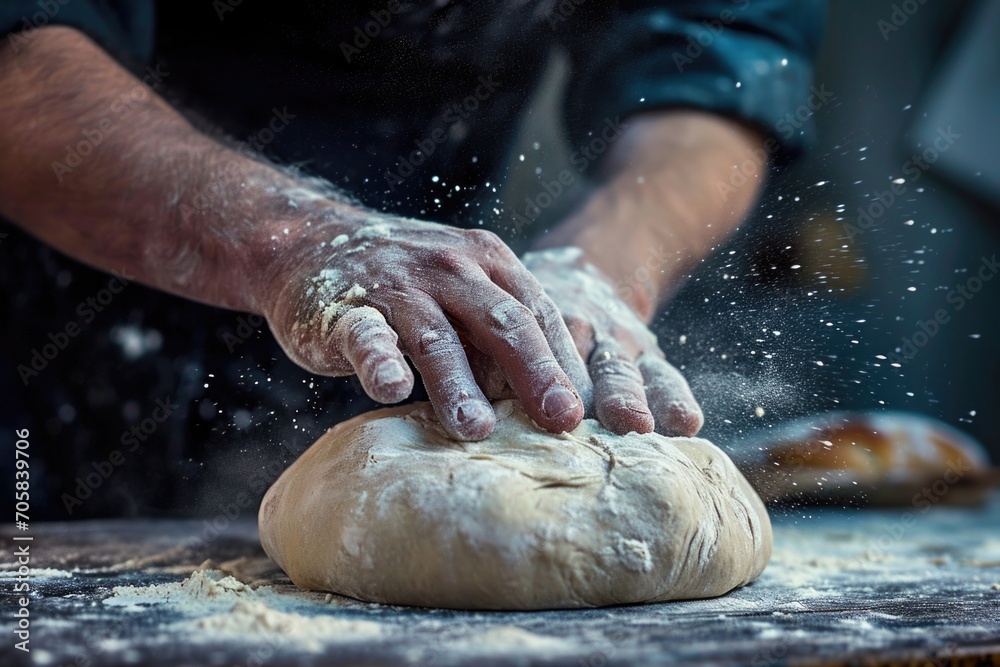 Bakers Hands Passionately Knead Dough For Artisan Bread