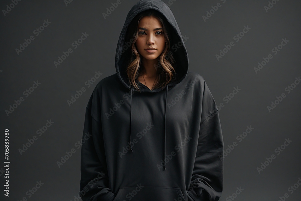 Woman dressed in a black oversized hoodie in full growth with blank space, grey background, Ideal for a mockup Woman dressed in a black oversized hoodie in full growth with blank space, grey background, Ideal for a mockup