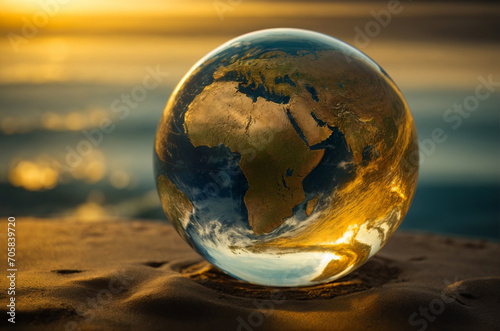 Earth planet in the shape of transparent ball with golden map on ocean background. Concept of life development  space exploration  cosmonautics day. AI generated