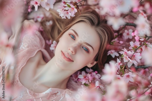 Beautiful Happy Woman Lying In Spring Cherry Blossoms © Anastasiia