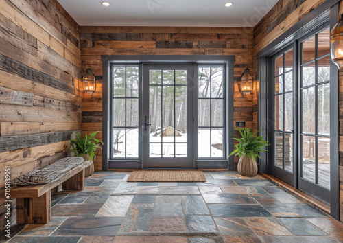 Rustic home interior design of modern entrance hall with glass door, wooden wall panel, and wooden ceiling.