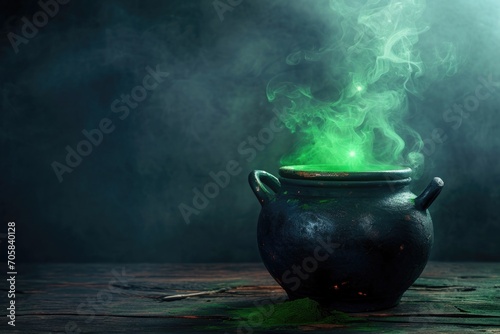 Cauldron With Green Glowing Potion On Dark, Foggy Backdrop