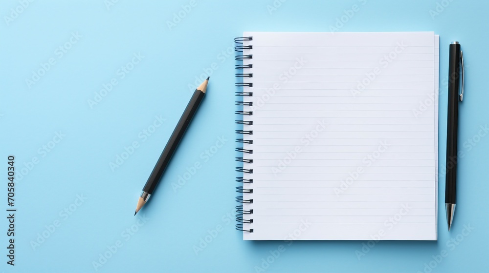 Minimalist Workspace with Open Blue Reminder and Pen - Top View Office Supplies Concept for Business and Creativity Minimalist Workspace with Open Blue Reminder and Pen - Top View Office Supplies Concept for Business and Creativity