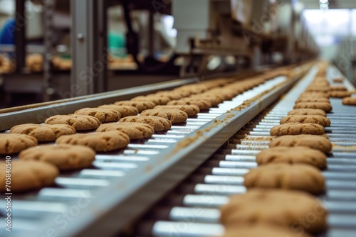 Conveyor Belt In Bakery Factory Producing Delicious Cookies