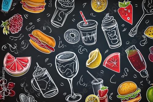 Doodle Of Food And Drinks On Chalkboard Backdrop photo