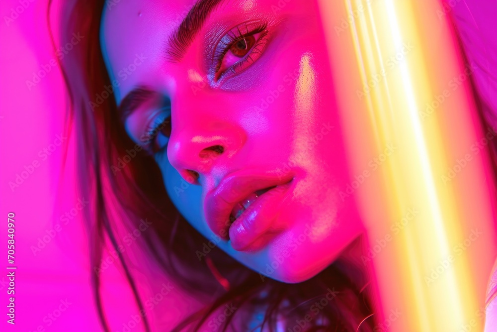 Vibrant Neon Lights Illuminate Fashion Model's Striking Pose Vibrant Neon Lights Illuminate Fashion Model's Striking Pose
