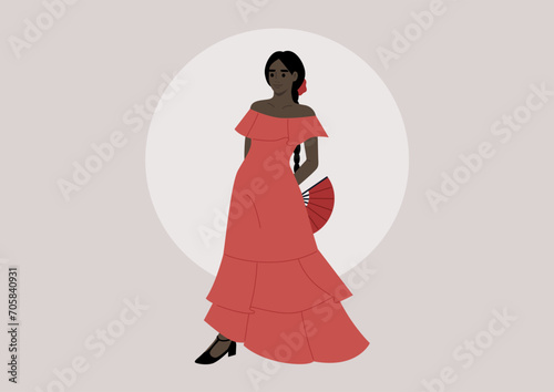 A youthful woman  exuding grace and passion  adorned in a vibrant red dress  black shoes  and wielding an open hand fan  embodies the spirit of flamenco through her captivating dance